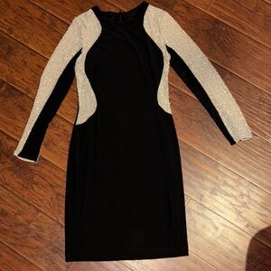 Xscape Black and Nudish Long Sleeve Studded Dress